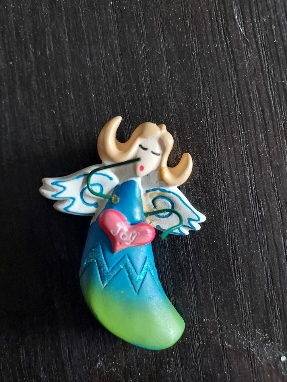 Blue-Green Angel Brooch with Pink Heart 'Joy'